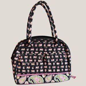 Vera Bradley Pink Elephants Retired Quilted Bowler Bag Satchel Tote Black Pink